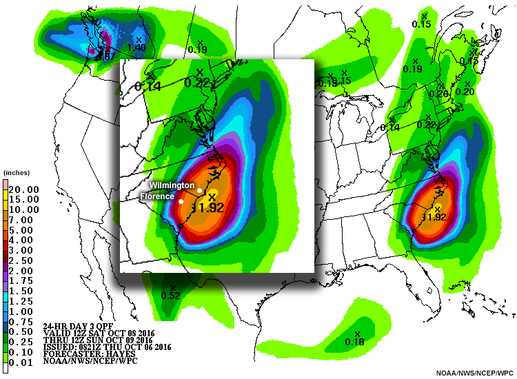 Day 3 24-h quantitative precipitation forecast, valid from 12 Z October 08 through 12 Z October 09, 2016 during Hurricane Matthew.