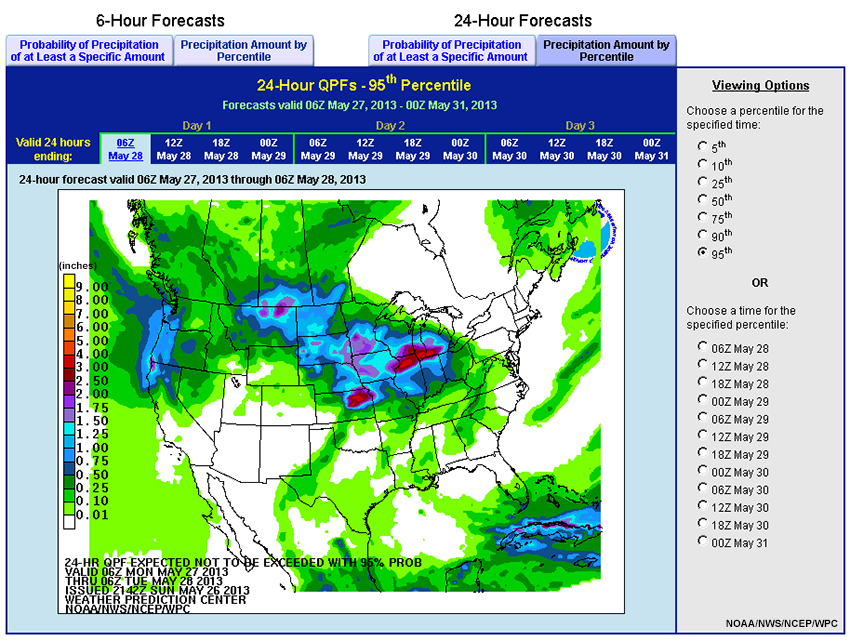 24h quantitative precipitation forecast expected not to be exceeded with 95% probability, valid from 06 Z May 27 through 06 Z May 28, 2016.