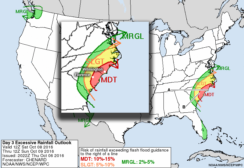 Day 3 excessive rainfall outlook, valid from 12 Z October 08 through 12 Z October 09, 2016.
