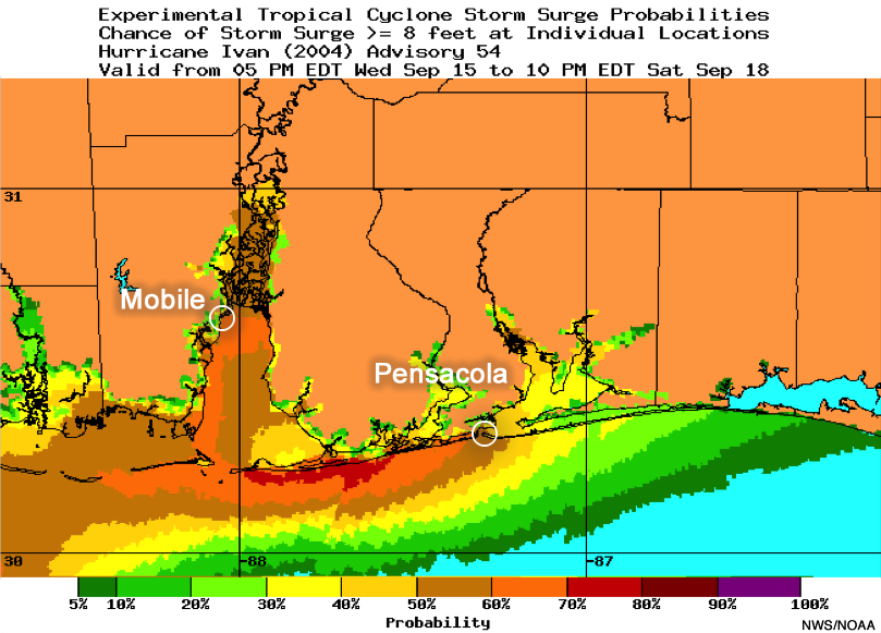 P-Surge guidance from Hurricane Ivan (2004) to assess surge potentials.