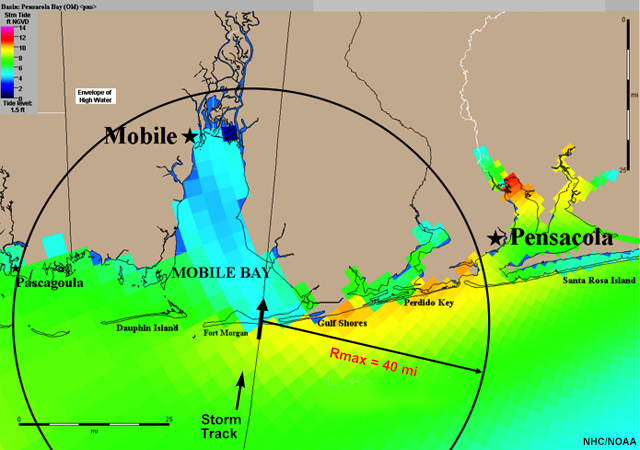 Storm tide estimations for various locations based on NHC Storm Best Track.
