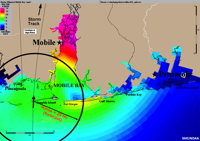 Storm tide forecast for various locations based on NHC advisory.