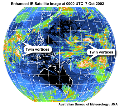Enhanced IR satellite image corresponding to the 850hPa tropical wind analysis for 1200 UTC 7 October. 2002