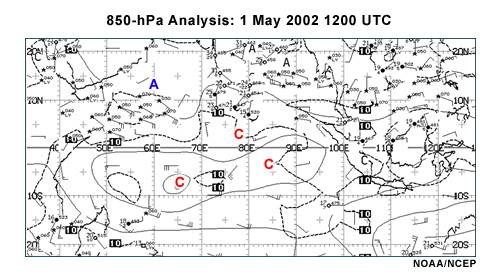 NOAA/NCEP 850-hPa analysis of Indian Ocean basin and adjacent landmasses, 12 UTC 1 May 2002