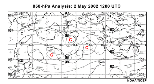 NOAA/NCEP 850-hPa analysis of Indian Ocean basin and adjacent landmasses, 12 UTC 2 May 2002