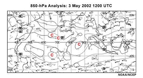 NOAA/NCEP 850-hPa analysis of Indian Ocean basin and adjacent landmasses, 12 UTC 3 May 2002