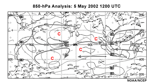 NOAA/NCEP 850-hPa analysis of Indian Ocean basin and adjacent landmasses, 12 UTC 5 May 2002