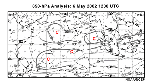 NOAA/NCEP 850-hPa analysis of Indian Ocean basin and adjacent landmasses, 12 UTC 6 May 2002