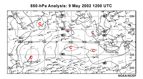 NOAA/NCEP 850-hPa analysis of Indian Ocean basin and adjacent landmasses, 12 UTC 9 May 2002