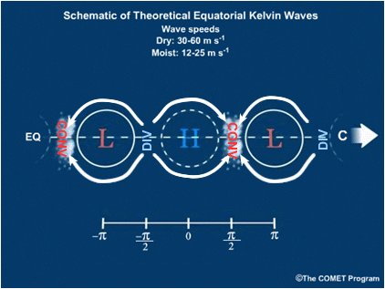 Conceptual diagram of Equatorial Kelvin wave, annotated with areas of lower-level convergence and divergence.