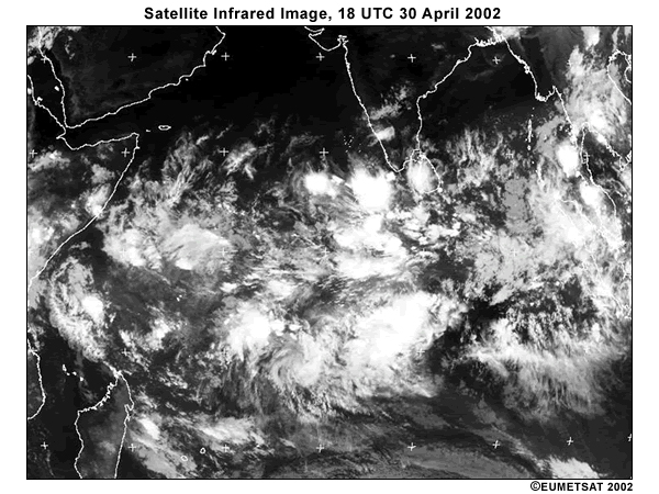 Infrared satellite view of Indian Ocean basin and surrounding landmasses, 18 UTC 30 April 2002. Note bright clouds associated with convection and equatorial waves.