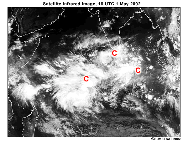 Infrared satellite view of Indian Ocean basin and surrounding landmasses, 18 UTC 1 May 2002. Note bright clouds associated with convection and equatorial waves.