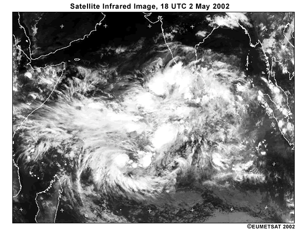 Infrared satellite view of Indian Ocean basin and surrounding landmasses, 18 UTC 2 May 2002. Note bright clouds associated with convection and equatorial waves.