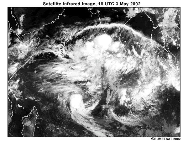 Infrared satellite view of Indian Ocean basin and surrounding landmasses, 18 UTC 3 May 2002. Note bright clouds associated with convection and equatorial waves.
