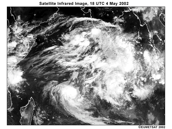 Infrared satellite view of Indian Ocean basin and surrounding landmasses, 18 UTC 4 May 2002. Note bright clouds associated with convection and equatorial waves.