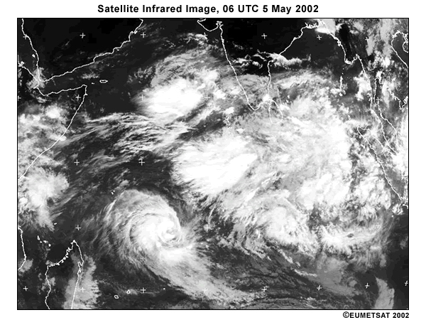 Infrared satellite view of Indian Ocean basin and surrounding landmasses, 18 UTC 5 May 2002. Note bright clouds associated with convection and equatorial waves.