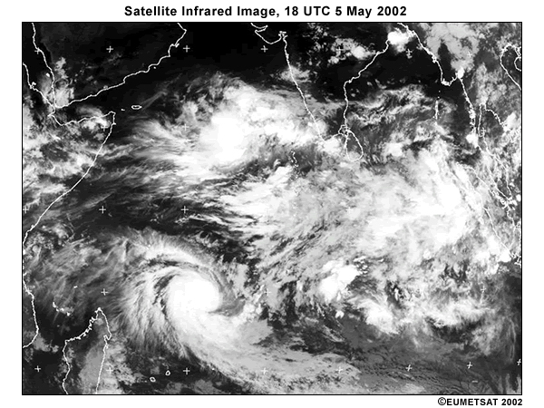 Infrared satellite view of Indian Ocean basin and surrounding landmasses, 18 UTC 5 May 2002. Note bright clouds associated with convection and equatorial waves.
