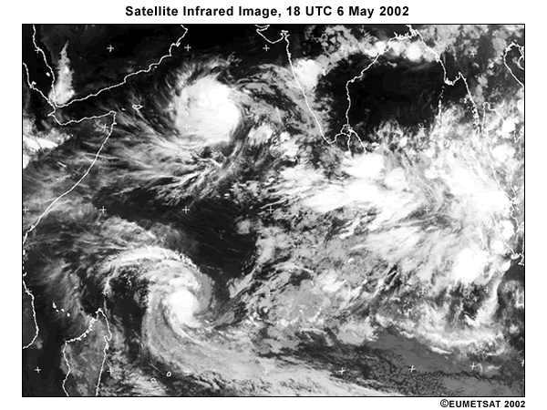 Infrared satellite view of Indian Ocean basin and surrounding landmasses, 18 UTC 6 May 2002. Note bright clouds associated with convection and equatorial waves.