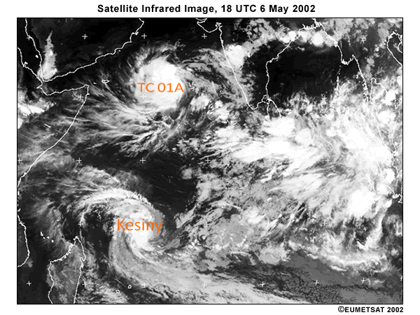 Infrared satellite view of Indian Ocean basin and surrounding landmasses, 18 UTC 6 May 2002. Note bright clouds associated with convection and equatorial waves. Graphic is annotated with Mixed Rossby-Gravity wave-generated tropical cyclones.