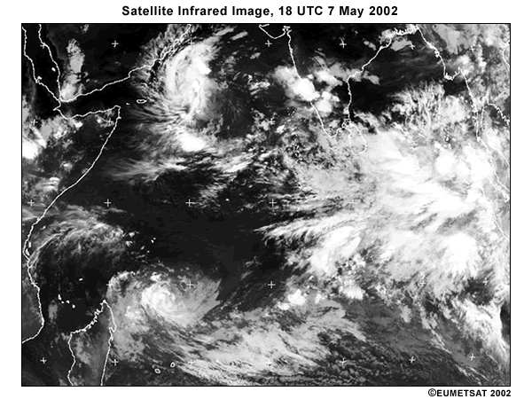 Infrared satellite view of Indian Ocean basin and surrounding landmasses, 18 UTC 7 May 2002. Note bright clouds associated with convection and equatorial waves.