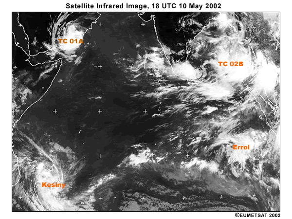 Infrared satellite view of Indian Ocean basin and surrounding landmasses, 18 UTC 10 May 2002. Note bright clouds associated with convection and equatorial waves.