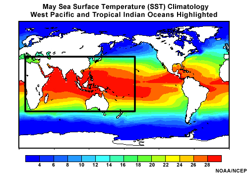 National Centers for Environmental Prediction May Sea Surface Temperature climatology. Region of interest is highlighted.
