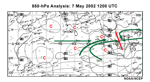 NOAA/NCEP 850-hPa analysis of Indian Ocean basin and adjacent landmasses, 12 UTC 7 May 2002 annotated with location of waves and resulting 850-hPa winds.