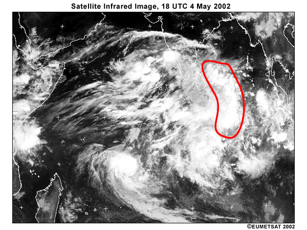 Infrared satellite view of Indian Ocean basin and surrounding landmasses, 18 UTC 4 May 2002. Red contour labels location of convection that seems to generate Kelvin wave.