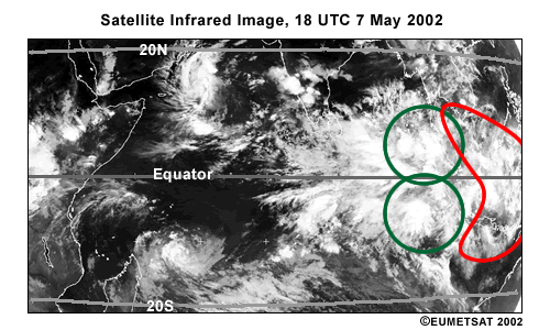 Infrared satellite view of Indian Ocean basin and surrounding landmasses, 18 UTC 7 May 2002. Red contour labels location of convection that seems to generate Kelvin wave. Green circles indicate the locations of symmetric equatorial Rossby wave circulations forced by the heating of the Kelvin wave.