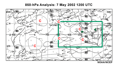 NOAA/NCEP 850-hPa analysis of Indian Ocean basin and adjacent landmasses, 12 UTC 7 May 2002 annotated with rectangle for question 7 in case study.
