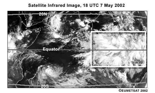 Infrared satellite view of Indian Ocean basin and surrounding landmasses, 18 UTC 7 May 2002. Note bright clouds associated with convection and equatorial waves. Annotated with rectangle for question 7 in case study.