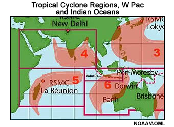 Regions of tropical cyclone formation and propagation in the western Pacific and Indian Oceans. Polygons indicate regions of responsibility for New Delhi, La Reunion, and Australia, plus part of region for which Tokyo is responsible.