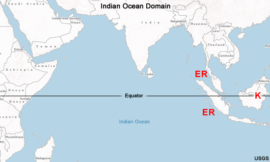Map of Indian Ocean basin, where case study takes place, annotated with answers to question.