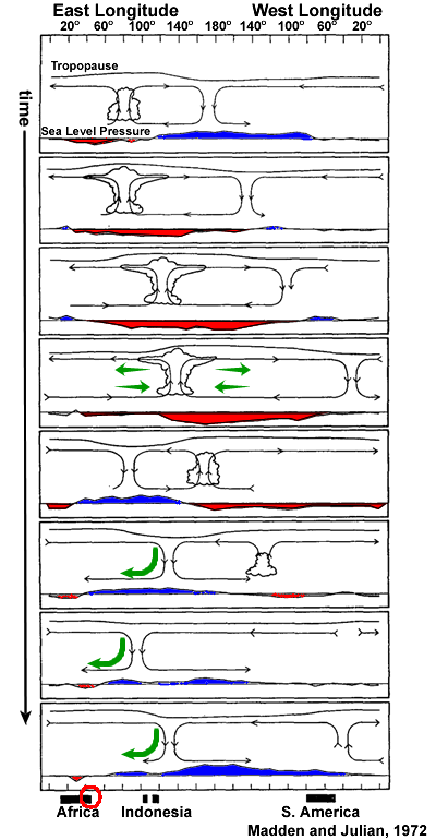 Schematic depiction of the longitudinal progression of the MJO across the tropical Indian and Pacific Oceans. Time progresses downwards at roughly 5 day intervals.