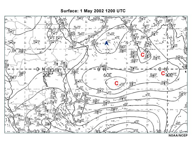 NOAA/NCEP surface analysis of Indian Ocean basin and adjacent landmasses, 12 UTC 1 May 2002