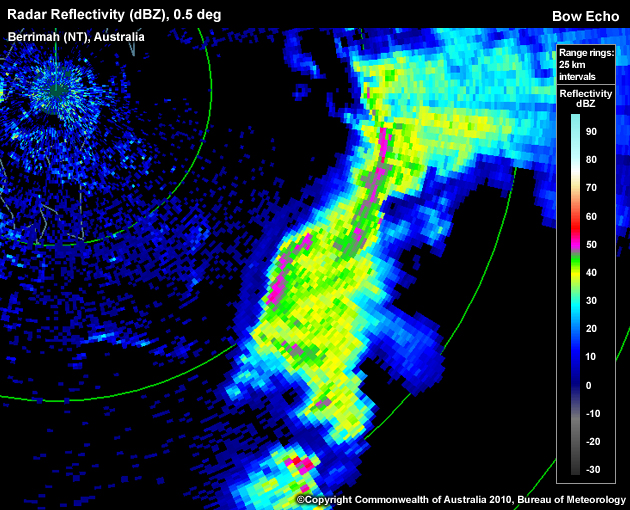 Bow echo approaching Darwin (Australia) from the southeast; a gust front is apparent just ahead of the bow, and a Rear Inflow Notch (RIN) behind the apex of the bow.