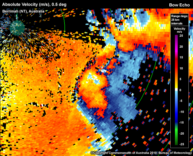 Bow echo approaching Darwin (Australia) from the southeast; a gust front is apparent just ahead of the bow, and a Rear Inflow Notch (RIN) behind the apex of the bow.