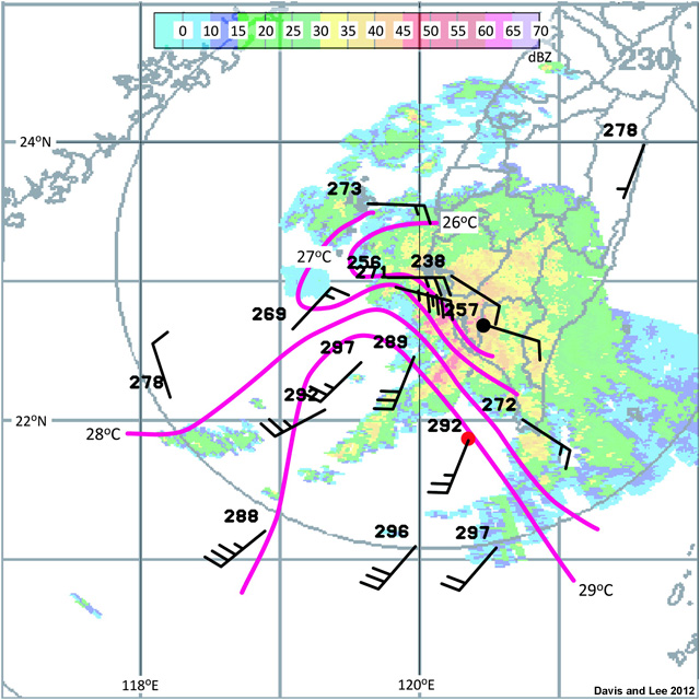 Radar image overlaid with surface observations and isotherms showing a MCV.