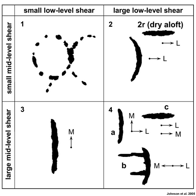 Four panel shear-based organizational diagram of MCSs showing mid-level and low-level shear and radar reflectivity pattern.