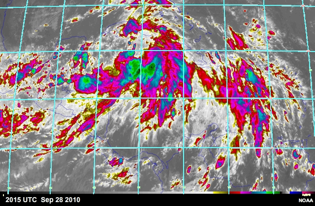 Squall lines and Bow echoes, as seen from infrared satellite imagery, over the Caribbean 28-29 Sep 2010 during the formation of the tropical depression that became Tropical Storm Nicole.