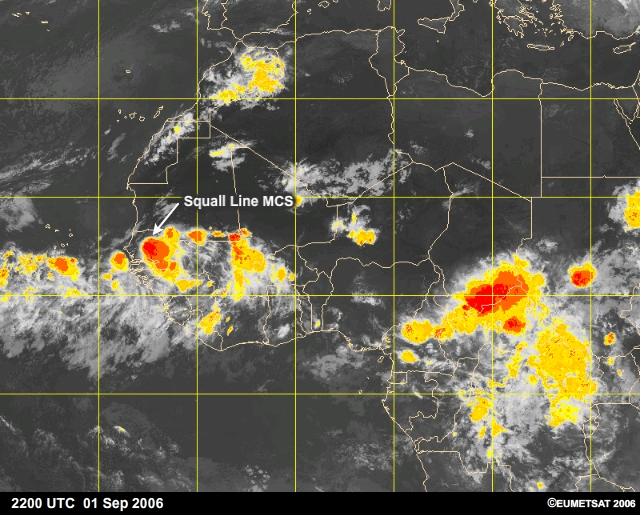 Squall lines and Bow Echo as seen from infrared satellite imagery over West African coast, 1-2  September 2006.