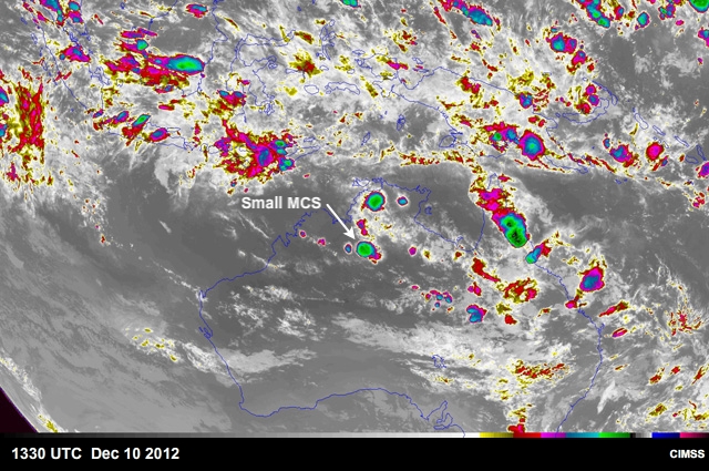 Mespscale Convective Complexes as seen from infrared satellite imagery over Australia 10-11 December 2012.