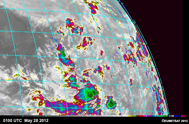 Mesoscale Convective Complexes, as seen from infrared satellite imagery, over the Indian Subcontinent  28 -29 May 2012.