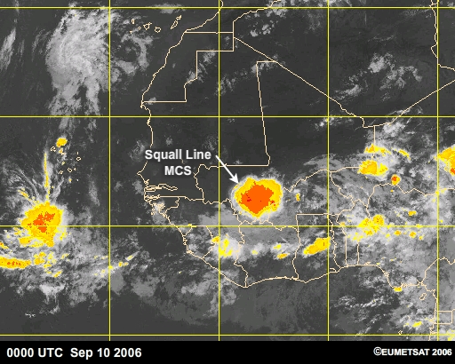 Squall line and mesoscale convective vortex as seen from infrared satellite imagery over West Africa 10-12 September 10th.
