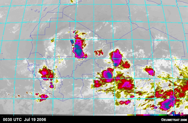 MCC, Mesoscale Convective Vortex, and new MCS  as seen from infrared satellite imagery over West Africa 19-20 July 2006