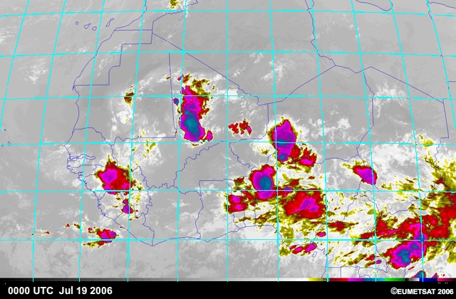 Squall line mesoscale convective system with bow echoes, as seen from infrared satellite imagery, over West Africa, 0000 - 1030 UTC  July 19.