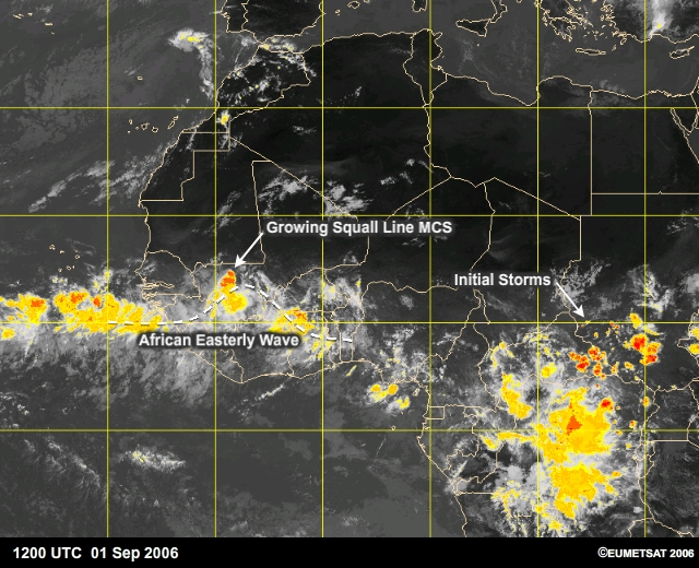 Squall lines as seen from infrared satellite imagery over Tropical North Africa, 1-3  September 2006.
