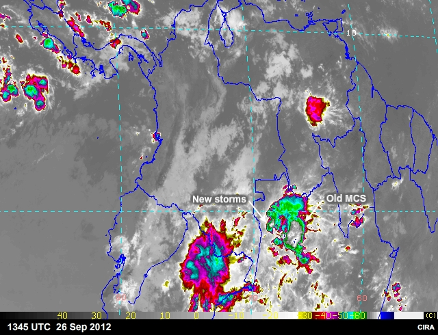 Squall lines and other MCSs  over South America as seen from IR satellite imagery 26-27 September 2012.