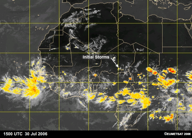 Squall Line Mesoscale Convective system over West Africa as seen on enhanced Meteosat IR imagery on 30-31 Jul 2006