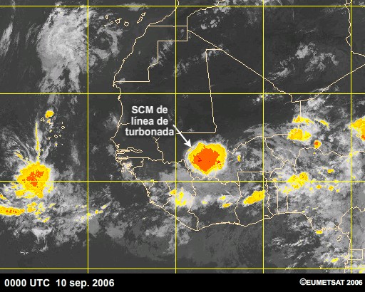 Línea de turbonada y vórtice convectivo de mesoescala visibles en imágenes satelitales infrarrojas captadas sobre África occidental el 10-12 de septiembre de 2006.